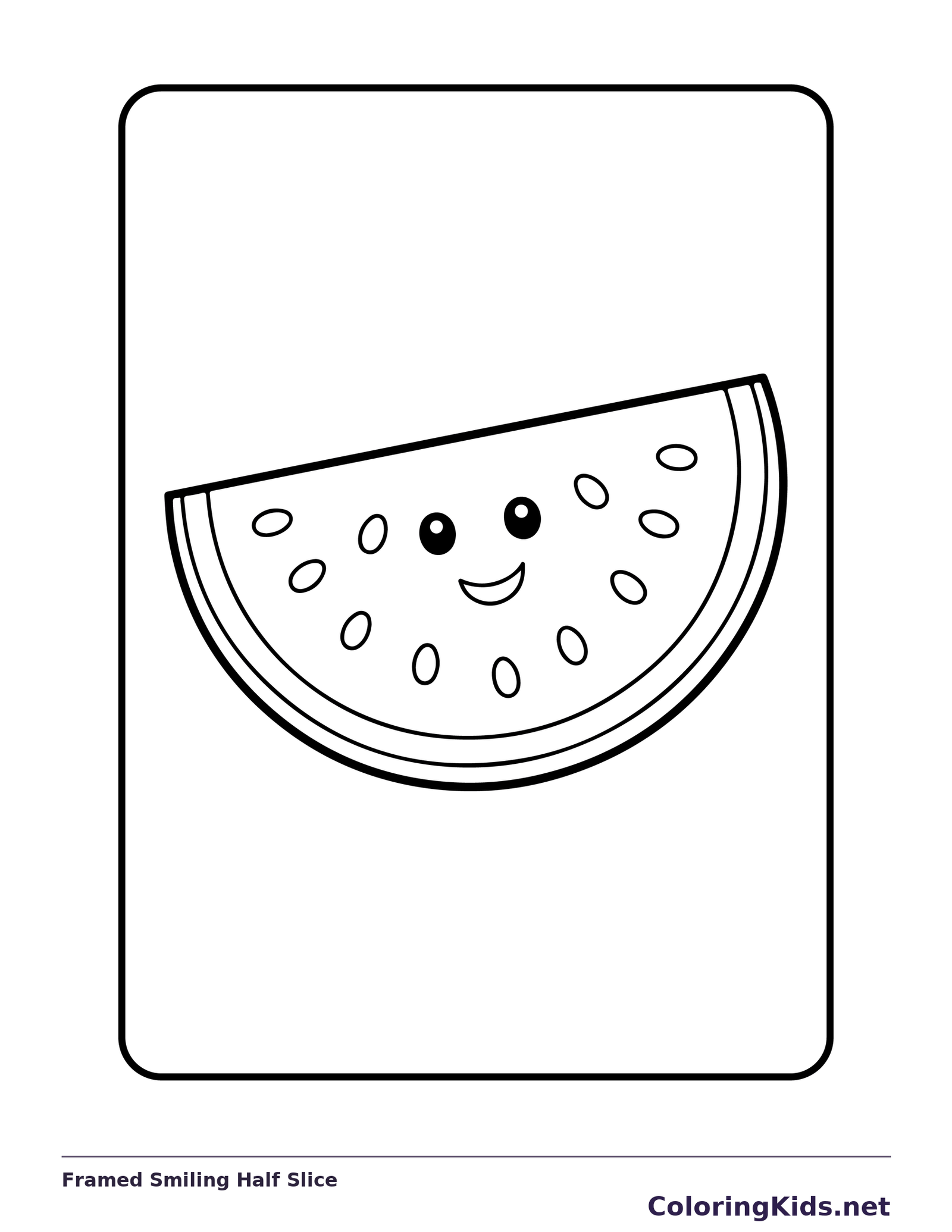 Smiling watermelon half slice near bottom of a tall rounded frame