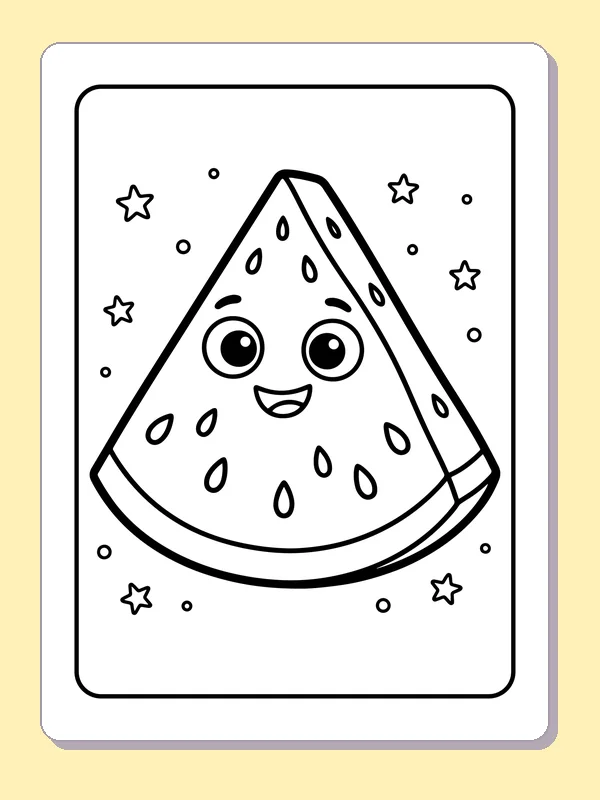 Smiling triangular watermelon wedge surrounded by small stars in a frame