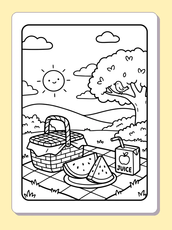 Watermelon wedges on a picnic blanket beside woven basket, juice carton and tree