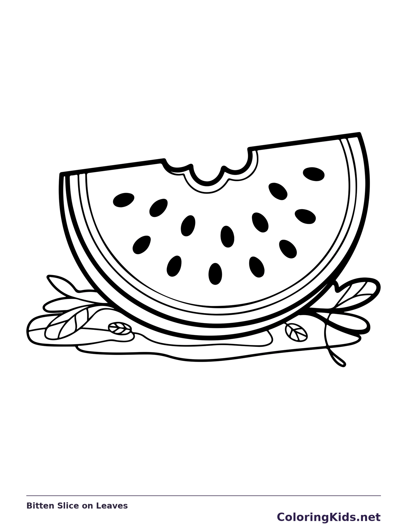 Bitten watermelon half slice resting on a cluster of small leaves