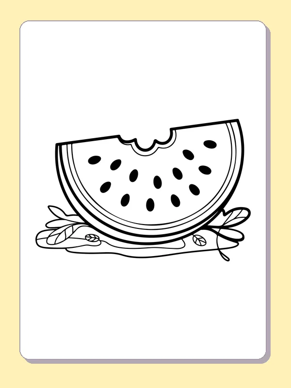 Bitten watermelon half slice resting on a cluster of small leaves
