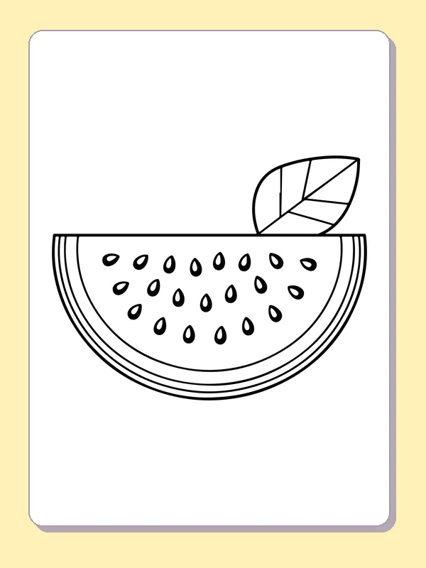 Broad watermelon half slice with many outlined seeds and one leaf above it