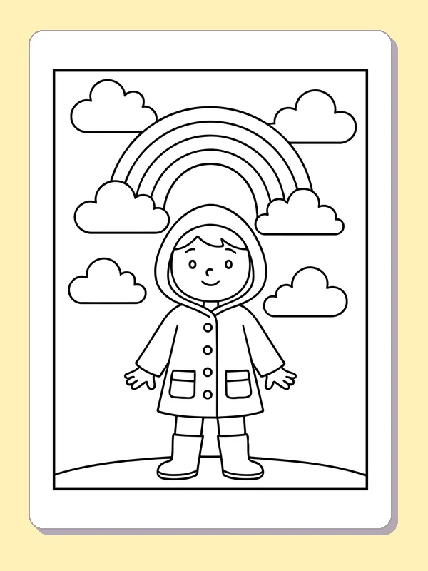 Girl beneath a rainbow sky wearing a hooded coat