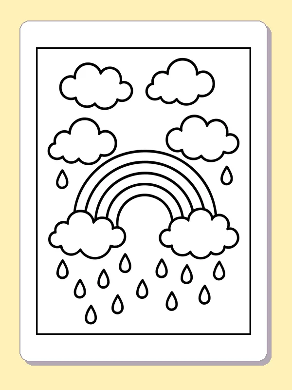 Rainbow below four clouds with raindrops falling beneath its arcs