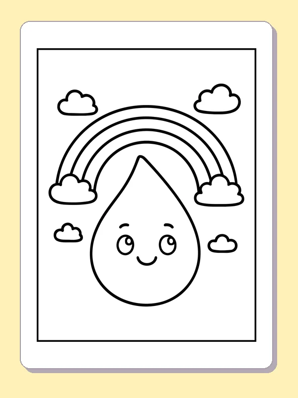 Smiling raindrop beneath a rainbow with four small clouds