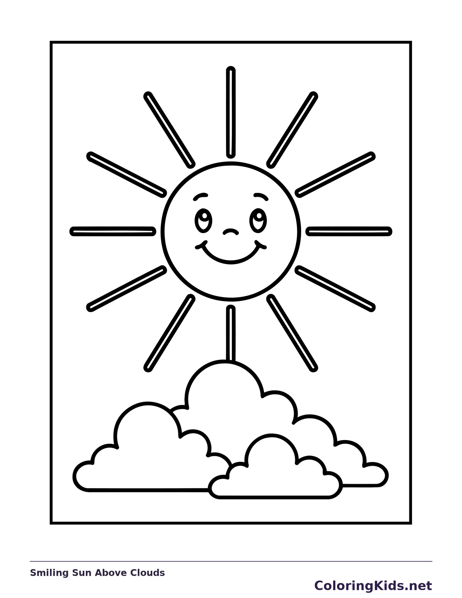 Smiling sun rising above a cluster of fluffy clouds