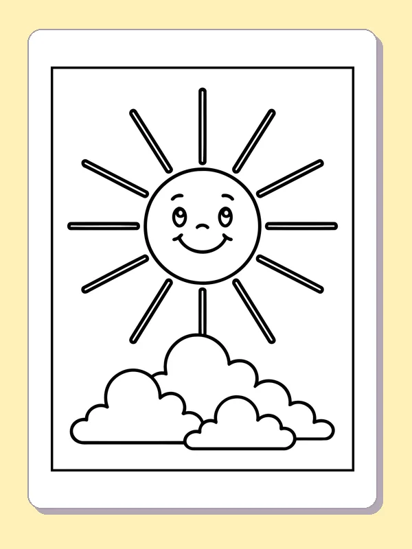 Smiling sun rising above a cluster of fluffy clouds