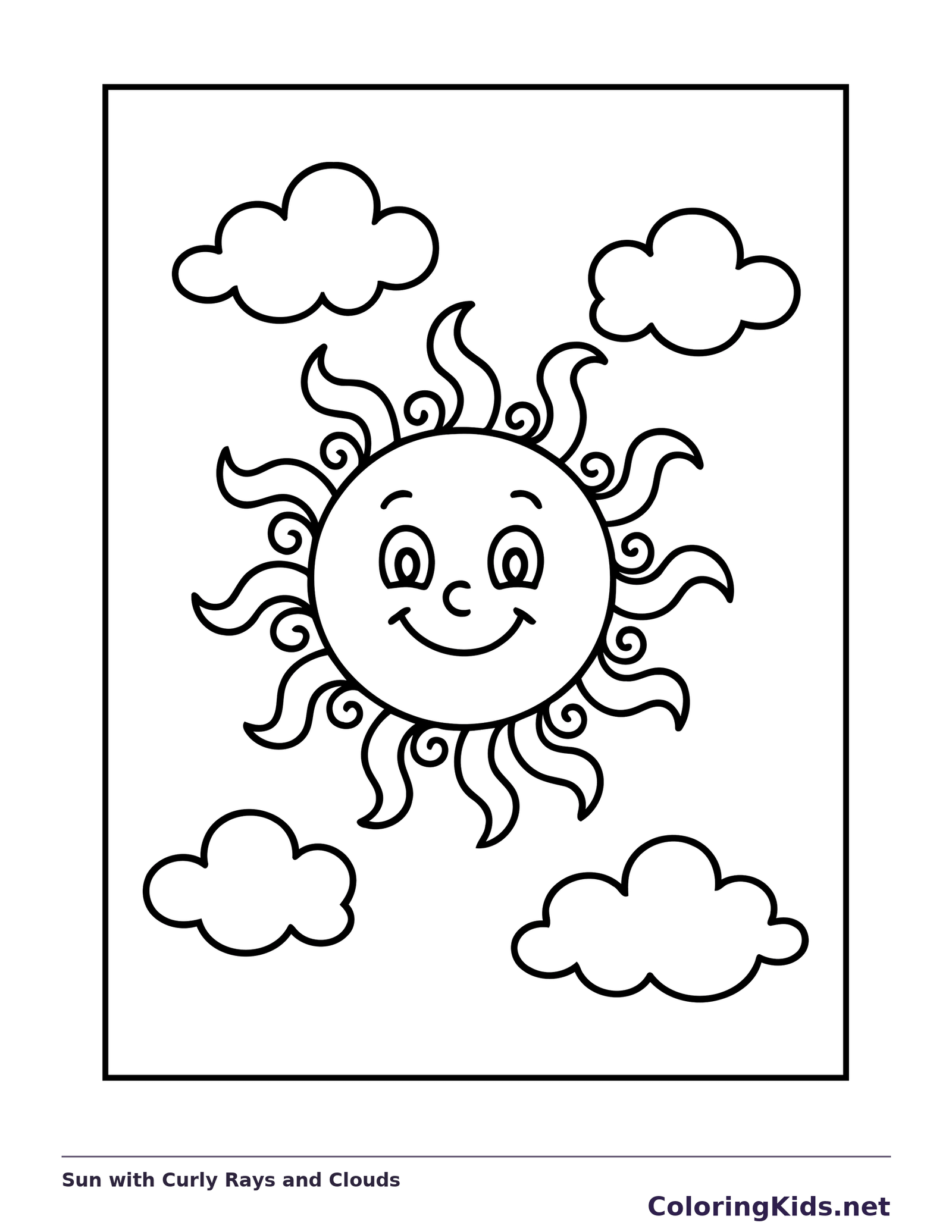 Smiling sun with curling rays and four small clouds