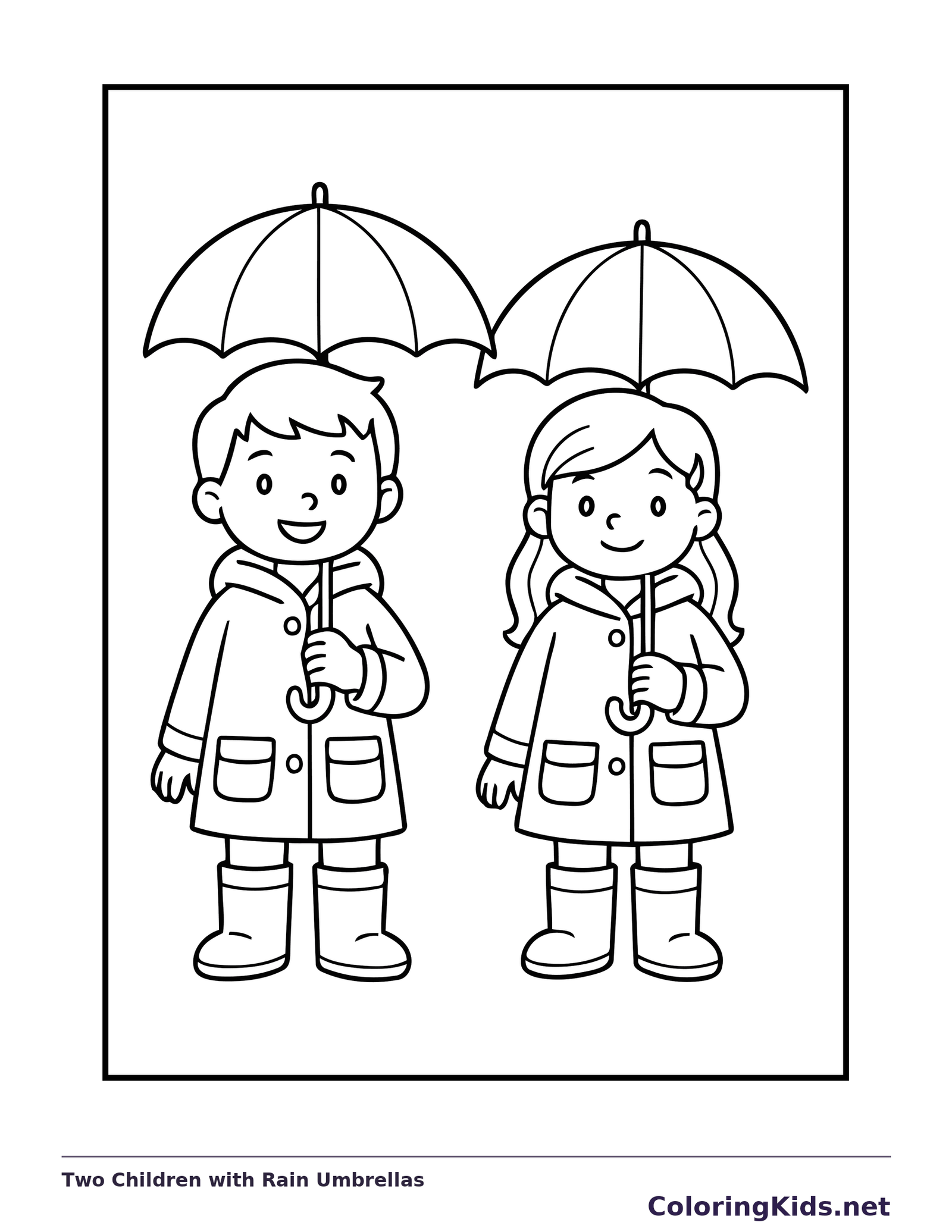 Two children standing in raincoats under separate umbrellas