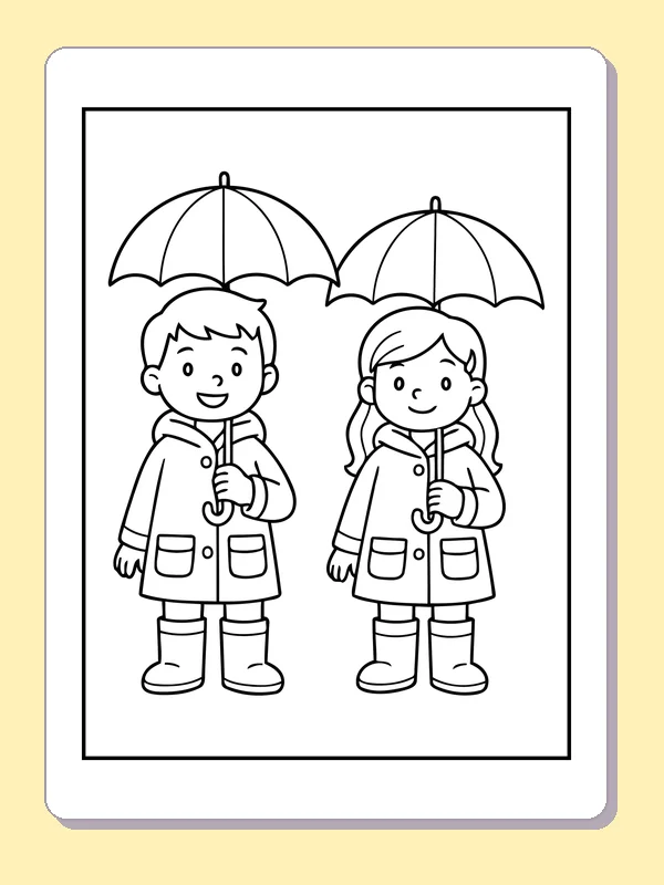 Two children standing in raincoats under separate umbrellas