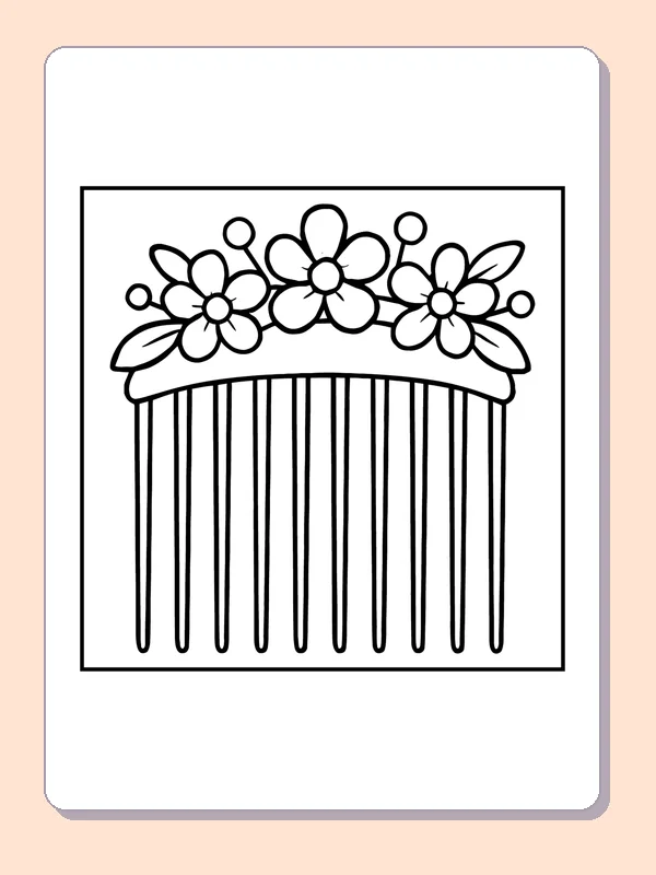 Black and white printable flowered hair comb coloring sheet