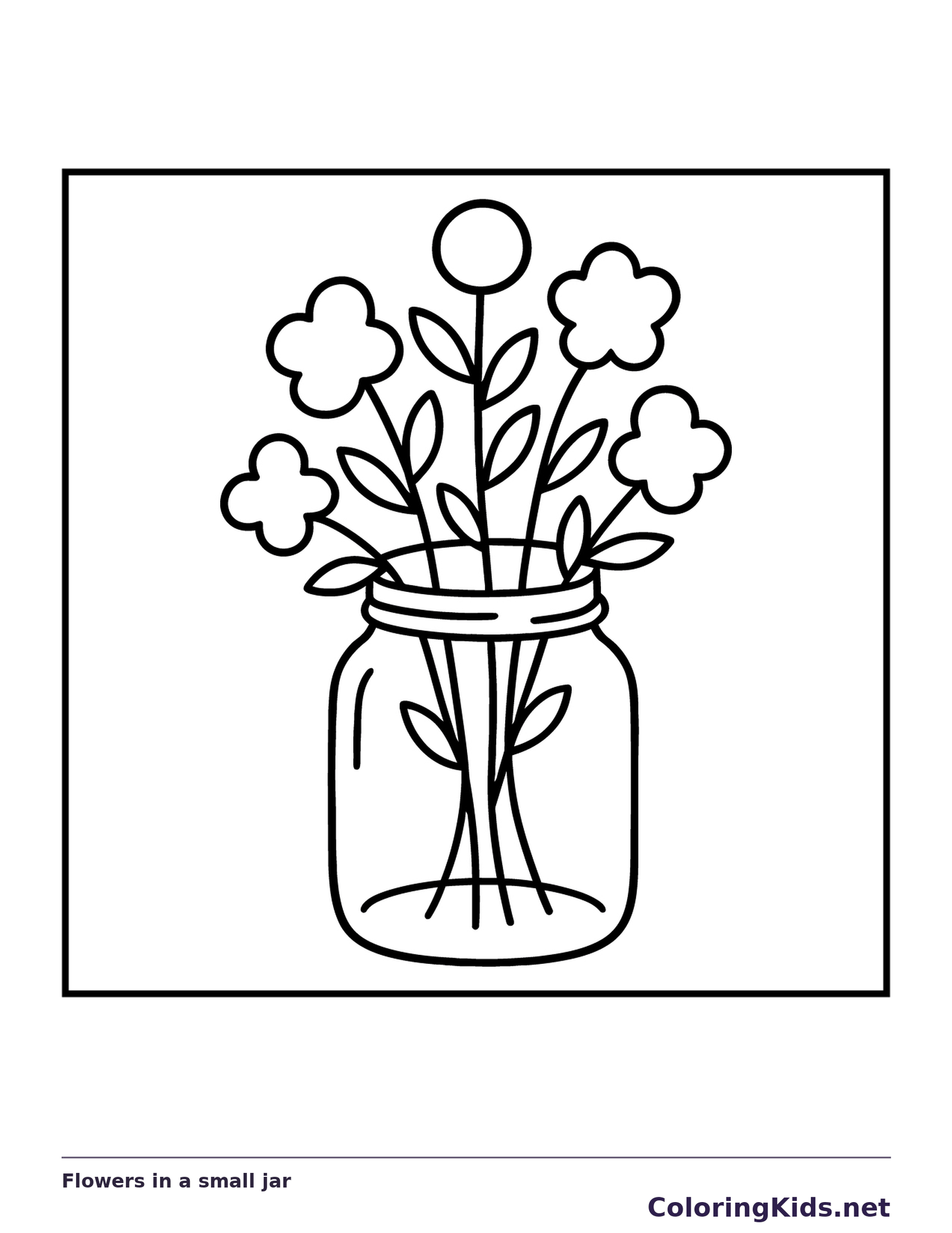 Black and white printable flowers in a small jar coloring sheet