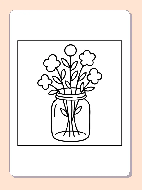 Black and white printable flowers in a small jar coloring sheet