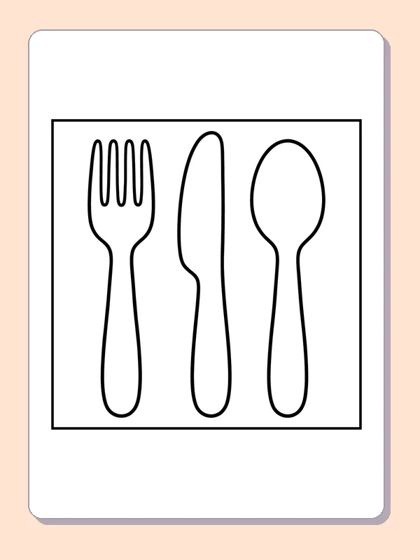 Black and white printable fork, spoon, and knife coloring sheet