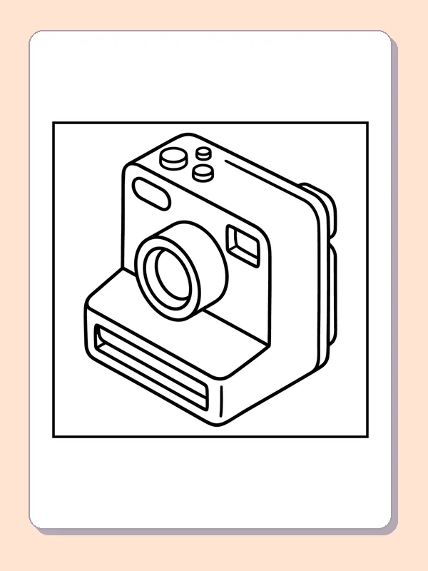 Black and white printable instant camera for wedding photos coloring sheet