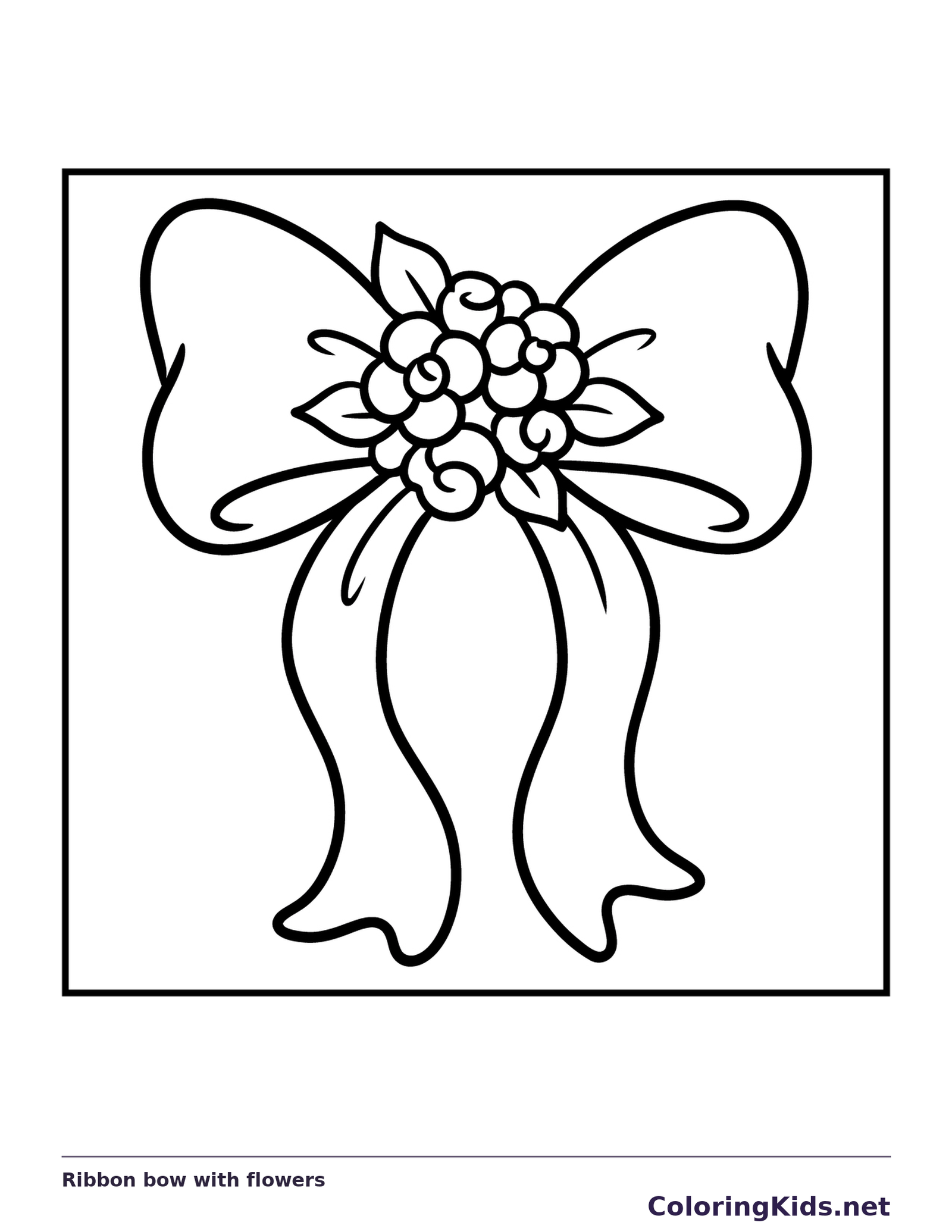 Black and white printable ribbon bow with flowers coloring sheet