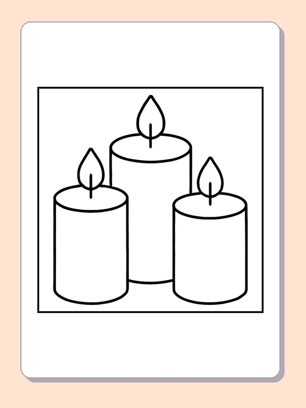 Black and white printable three glowing candles coloring sheet