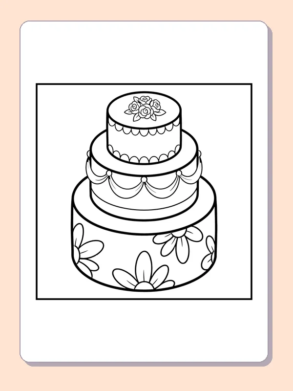 Black and white printable three tier flowered cake coloring sheet