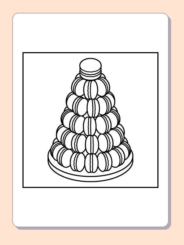Black and white printable tower of wedding macarons coloring sheet