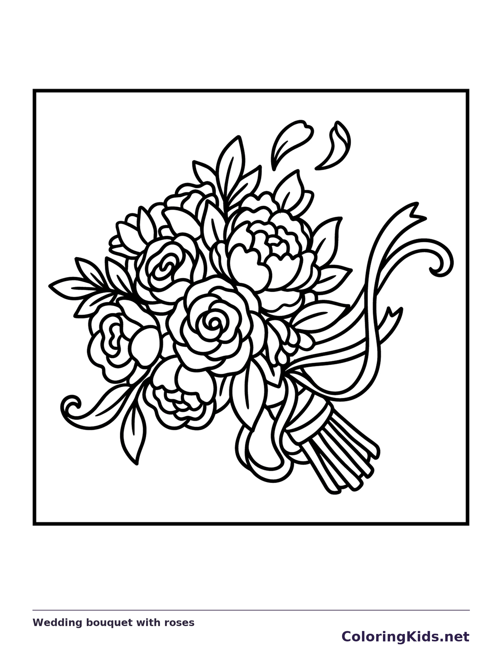 Black and white printable wedding bouquet with roses coloring sheet