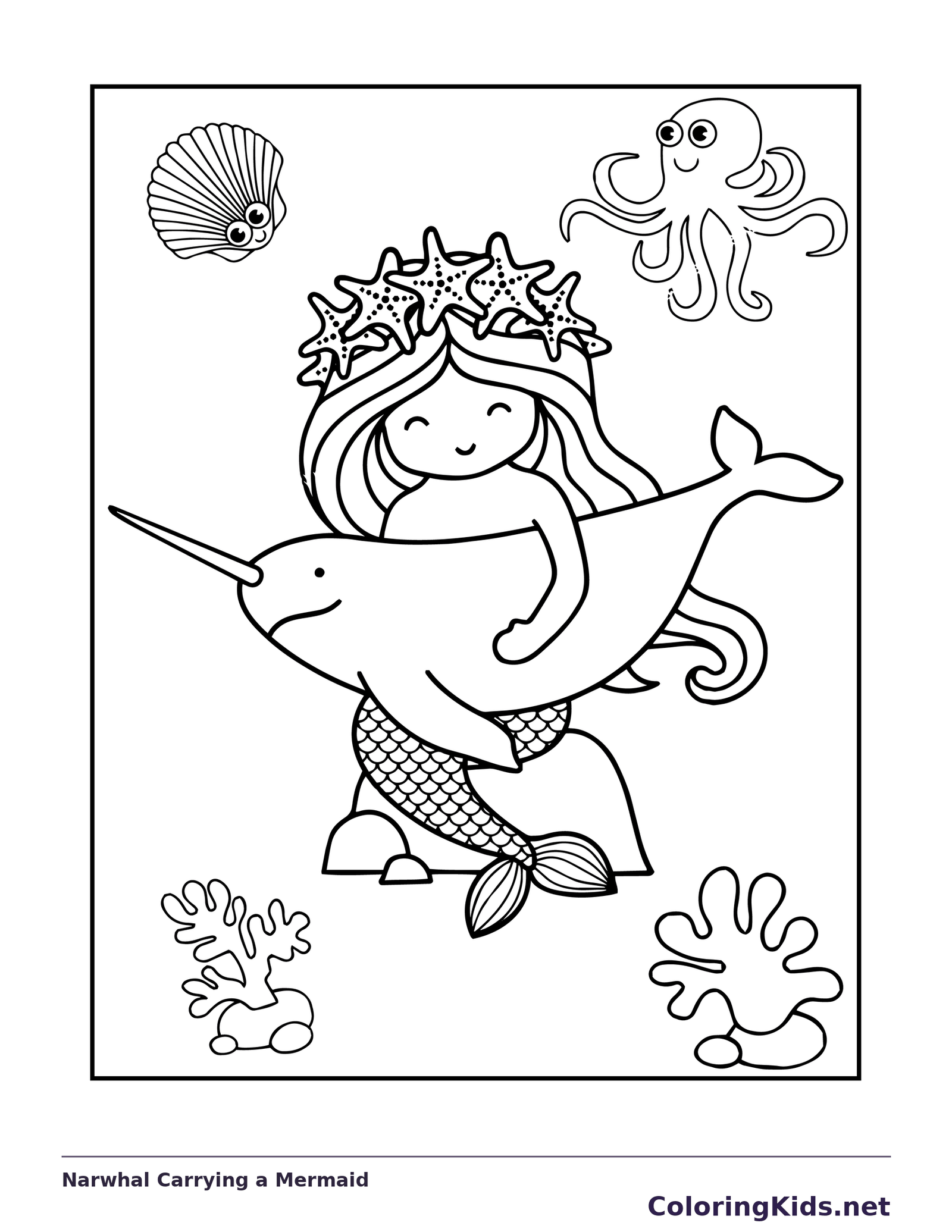 Black and white whale coloring page: a smiling narwhal carries a small mermaid through shells and coral