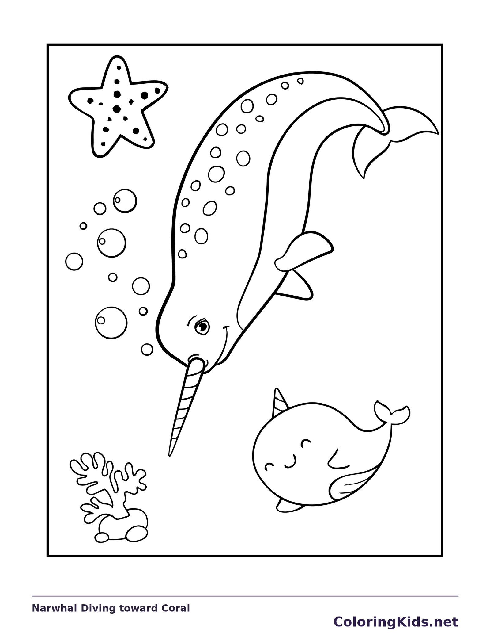 Black and white whale coloring page: a narwhal points downward toward coral while a smaller whale floats nearby