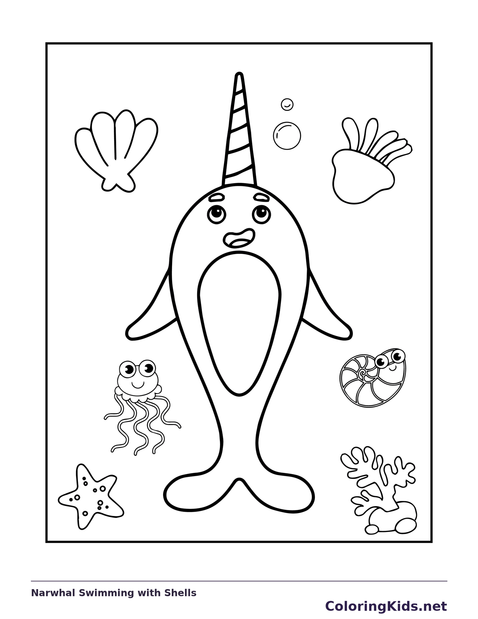 Black and white whale coloring page: a narwhal swims upright among shells, jellyfish and little sea plants