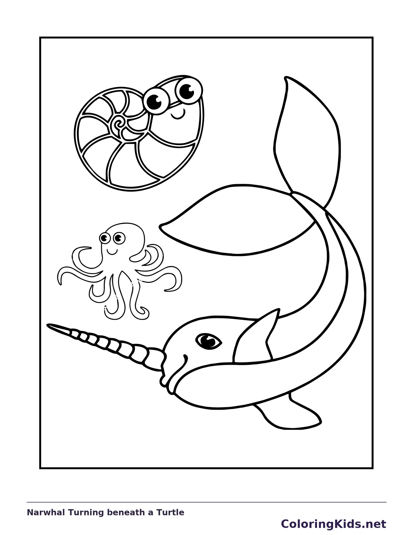 Black and white whale coloring page: a curved narwhal swims below a turtle and an octopus