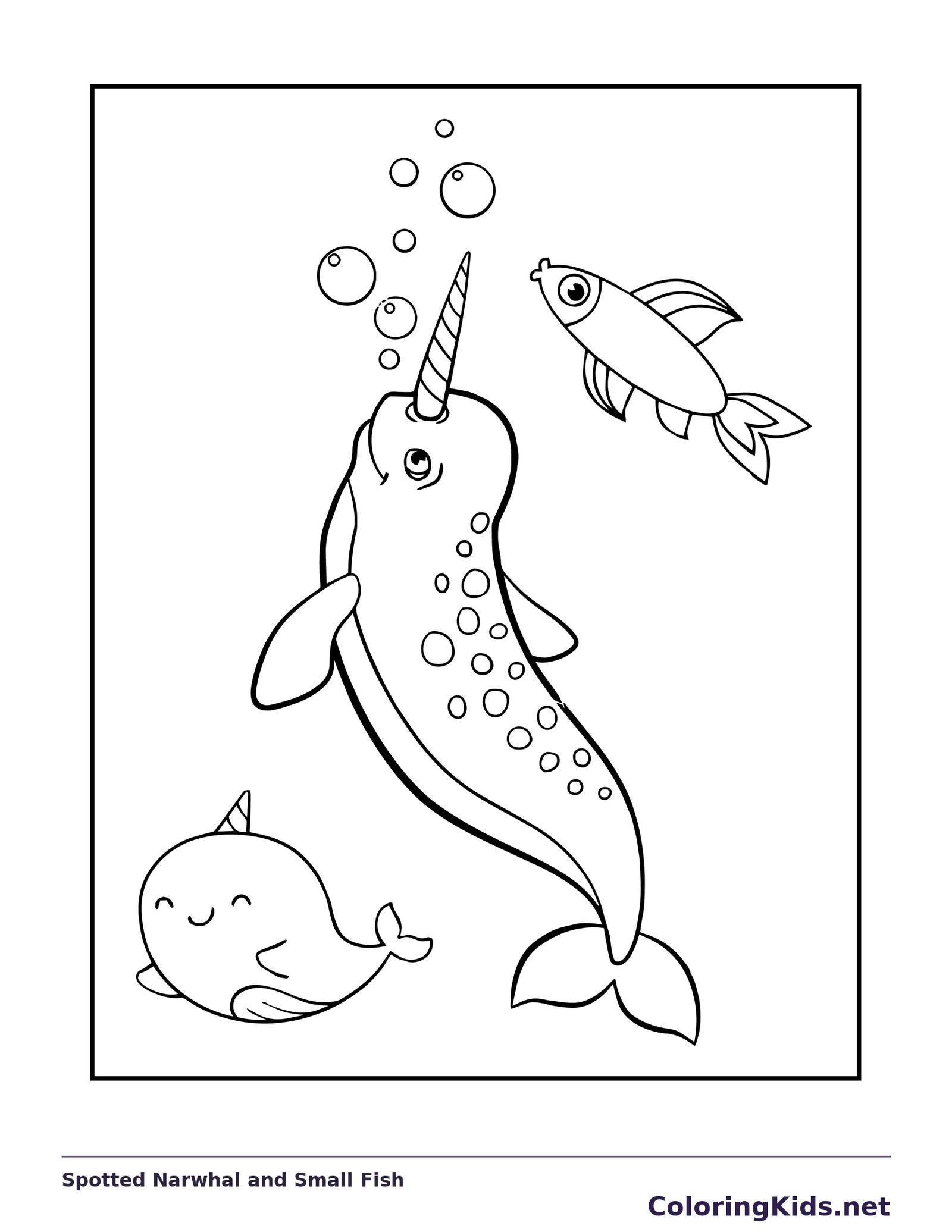 Black and white whale coloring page: a spotted narwhal rises through bubbles while a small fish swims alongside