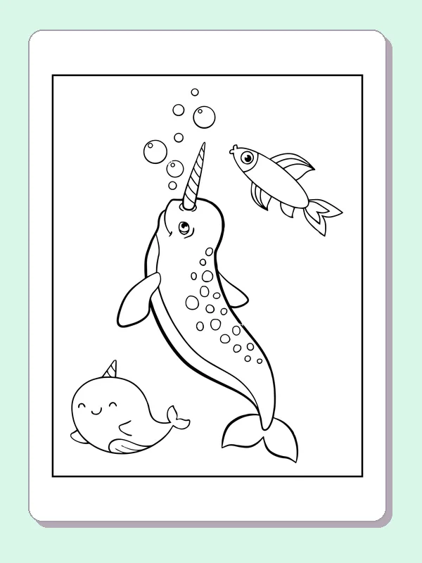 Black and white whale coloring page: a spotted narwhal rises through bubbles while a small fish swims alongside
