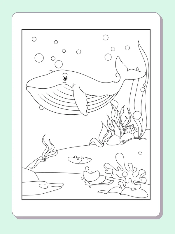 Black and white whale coloring page: a whale moves through bubbles above a seaweed-covered seabed
