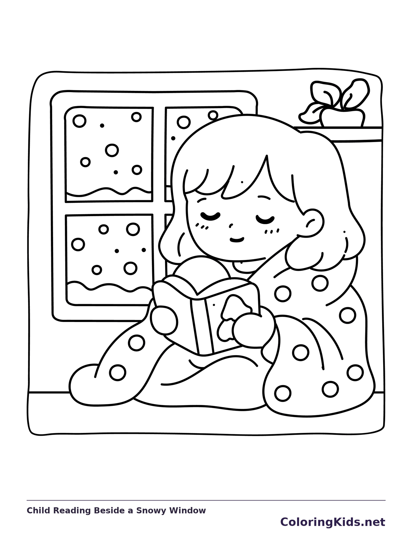 Seated child reading a book beside a snow-covered window