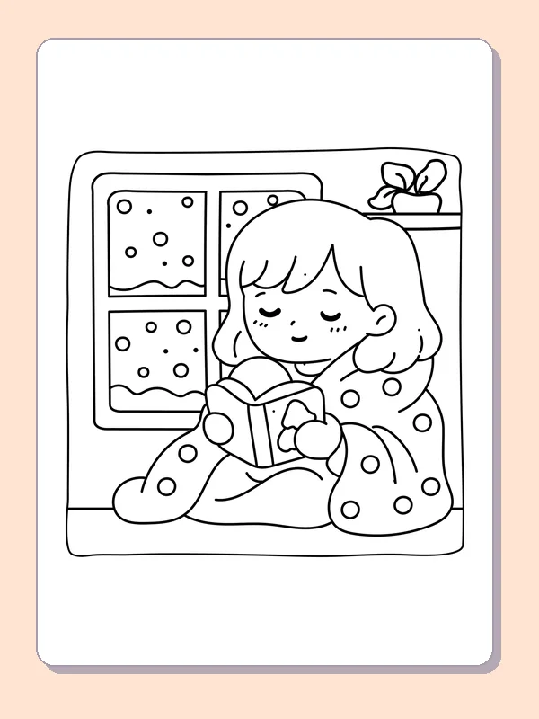 Seated child reading a book beside a snow-covered window