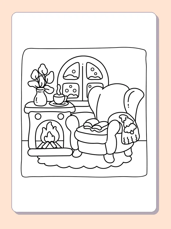 Cushioned armchair next to a fireplace, cup and snowy window