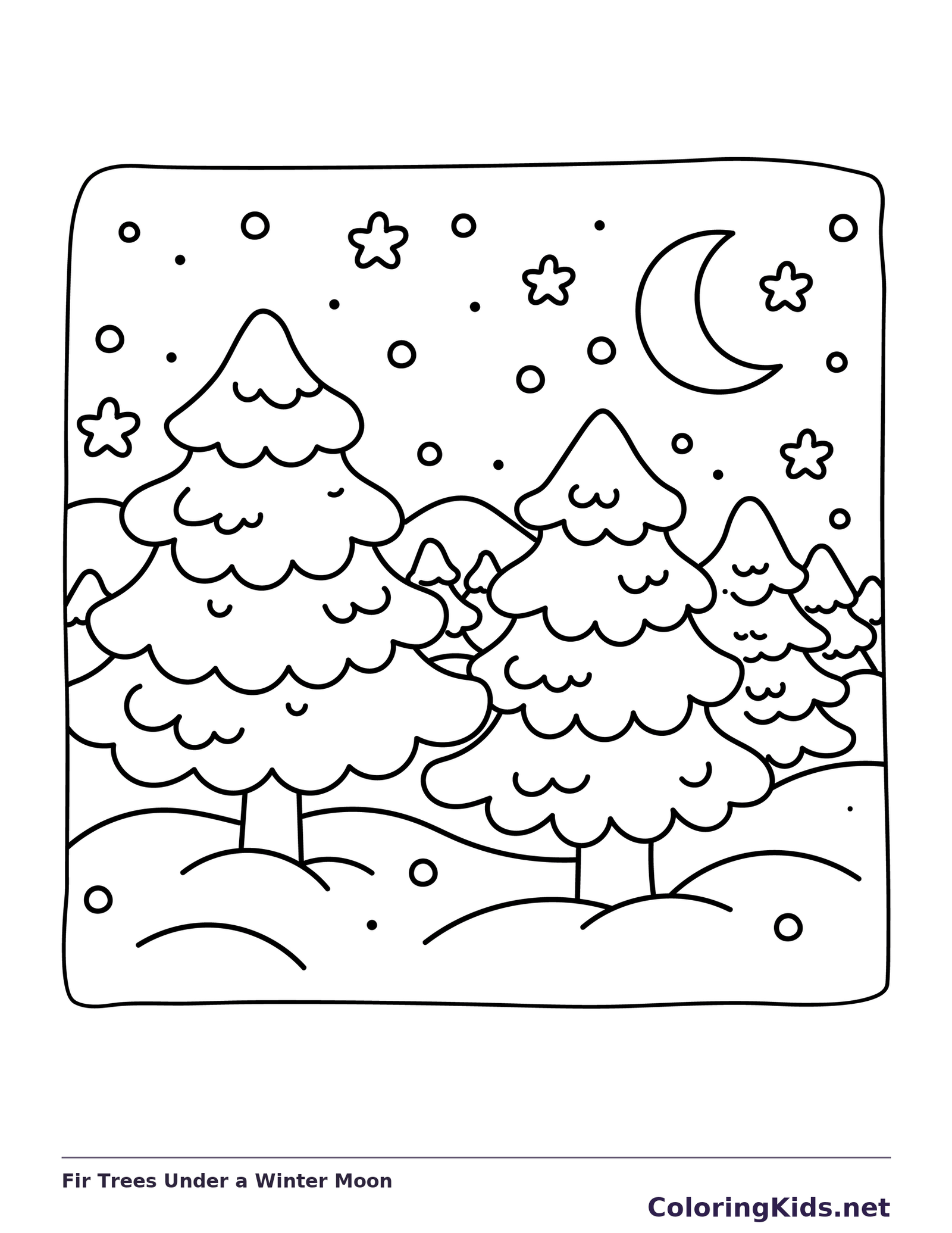 Three fir trees on snowy hills beneath a crescent moon and stars