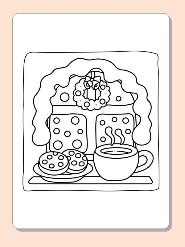 Steaming cocoa and cookies in front of a wreath-topped snowy window