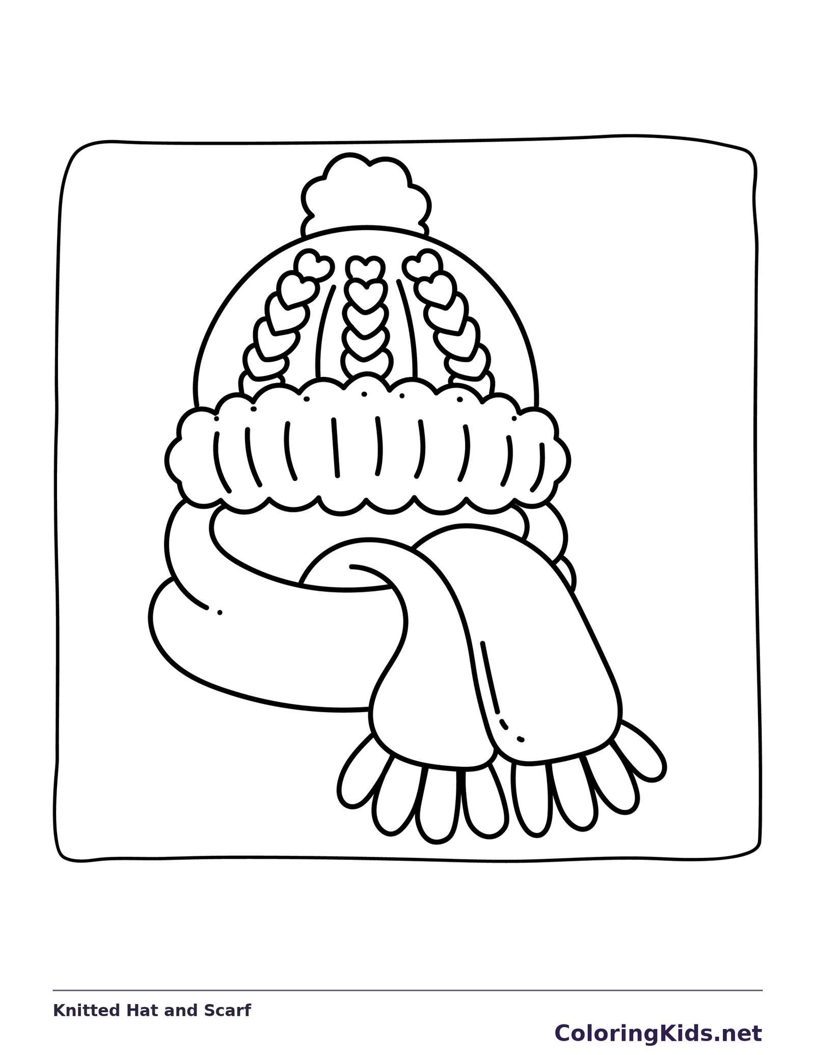 Pom-pom winter hat above a long scarf with a fringed end
