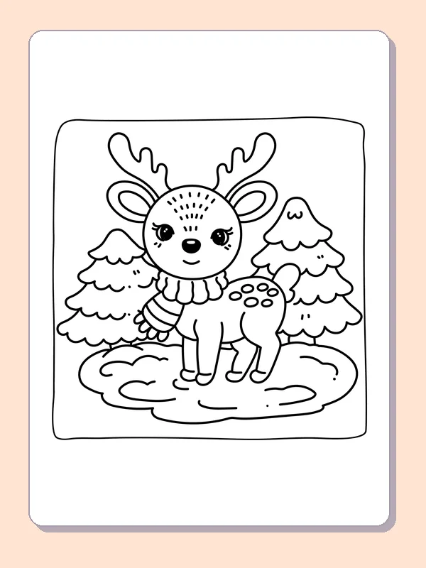 Scarf-wearing young deer standing in snow between two fir trees