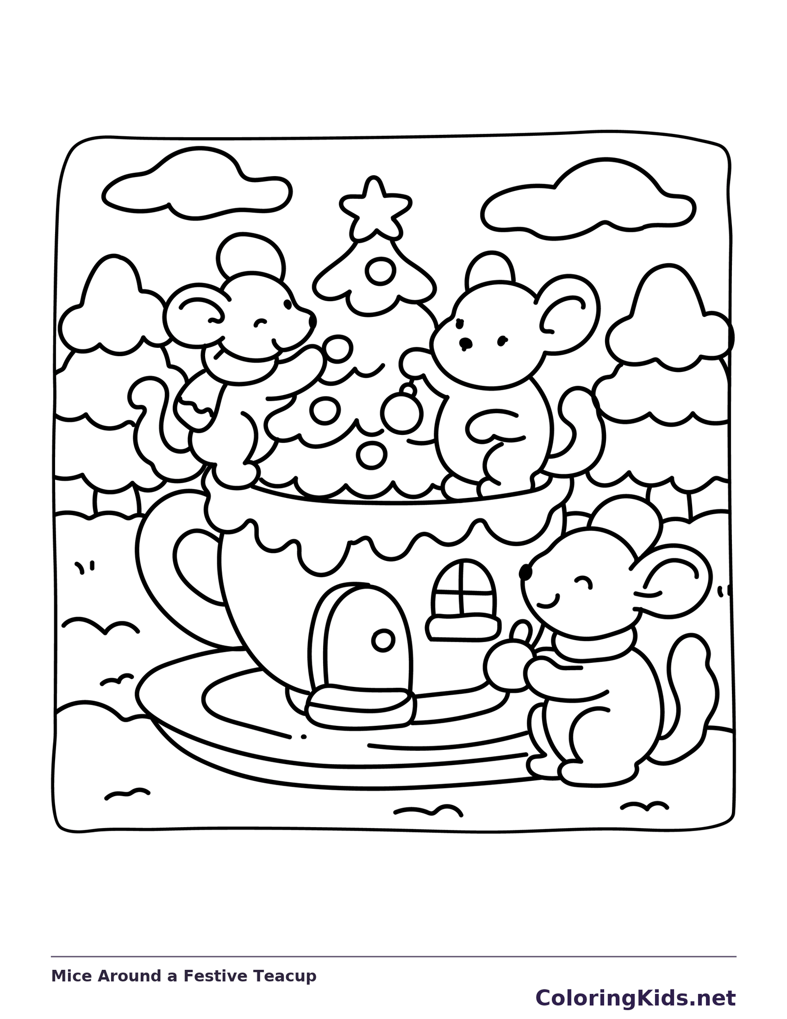 Three mice around a large teacup with a decorated tree and snowy hills