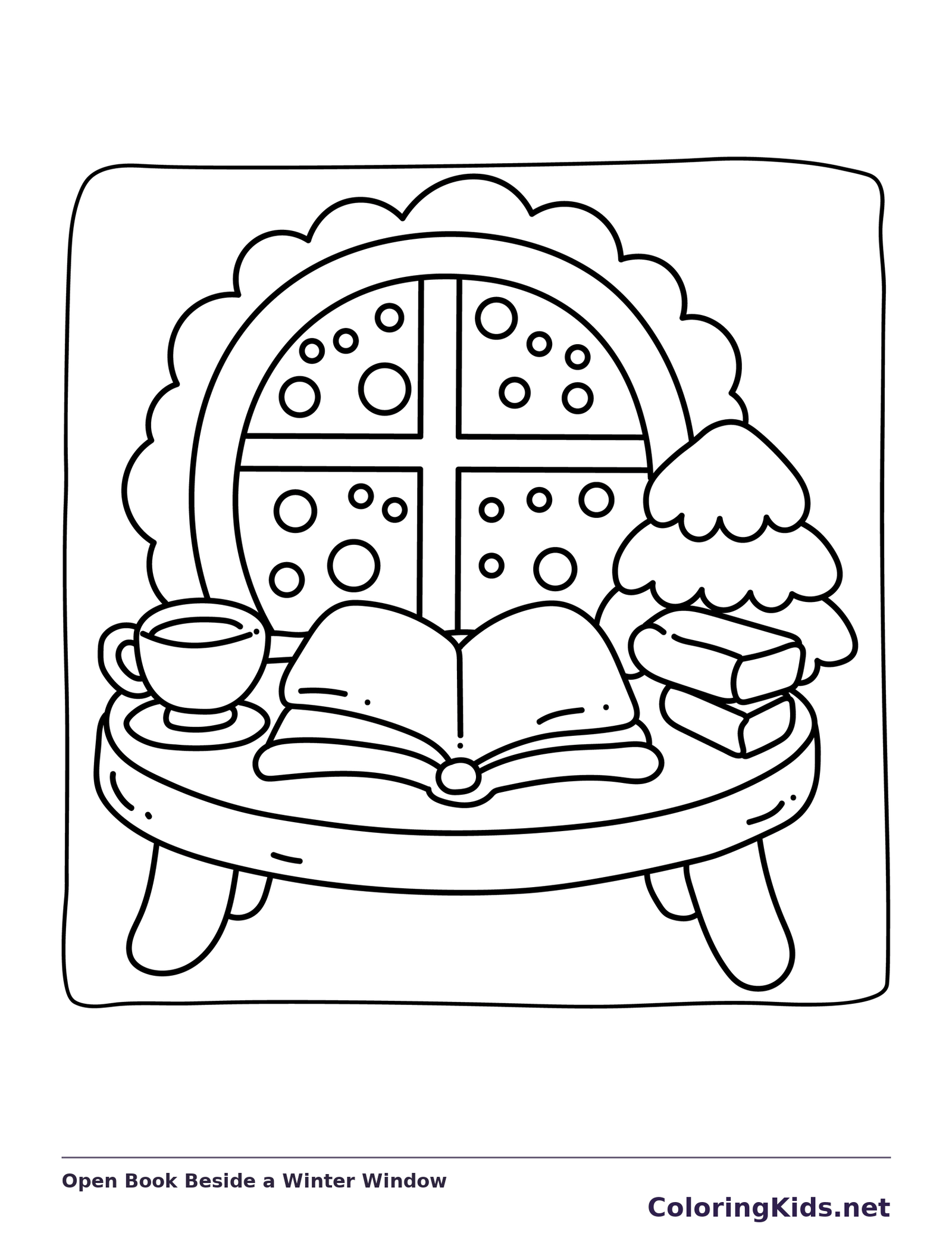 Open book, mug and stacked books on a table at a snowy round window