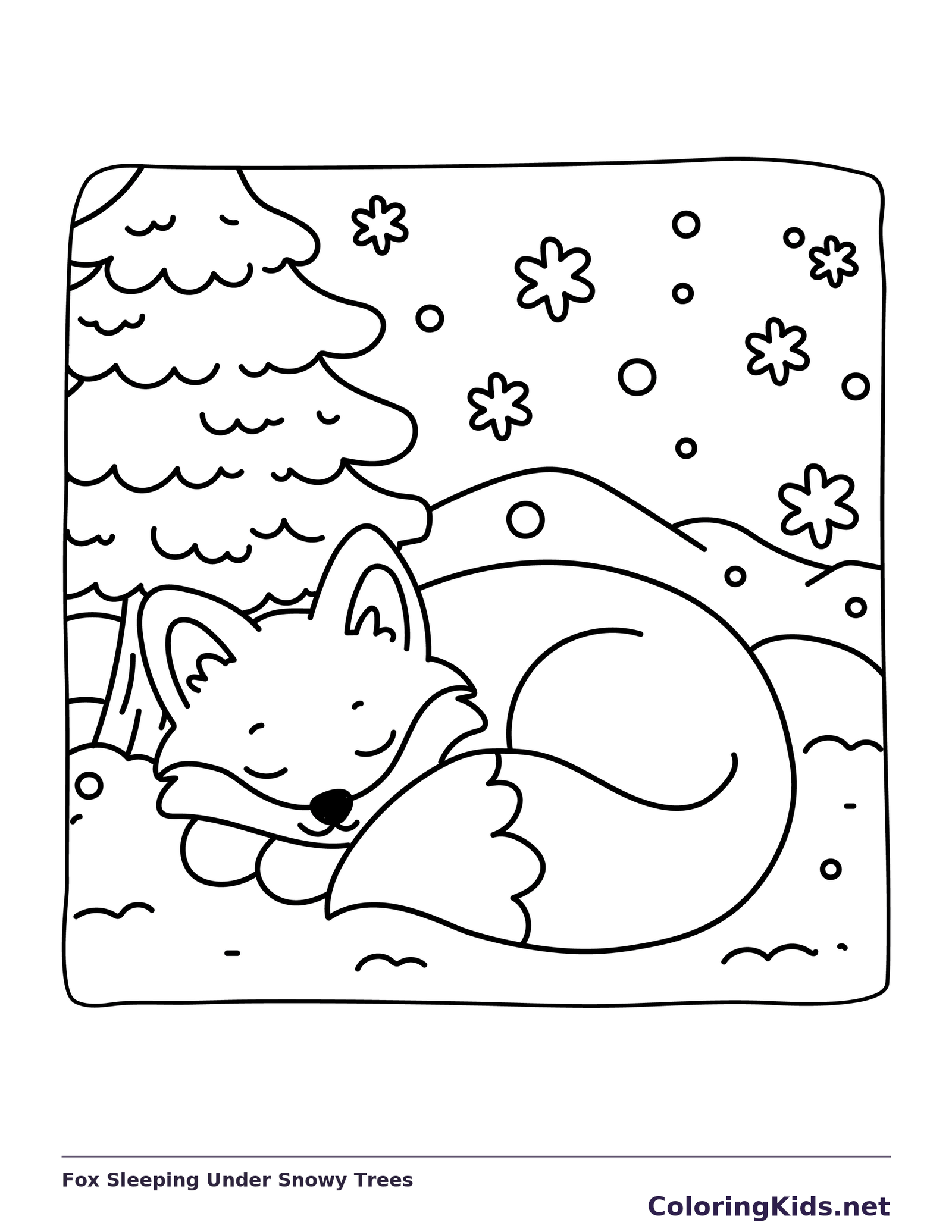 Curled sleeping fox beneath a fir tree with snowflakes falling