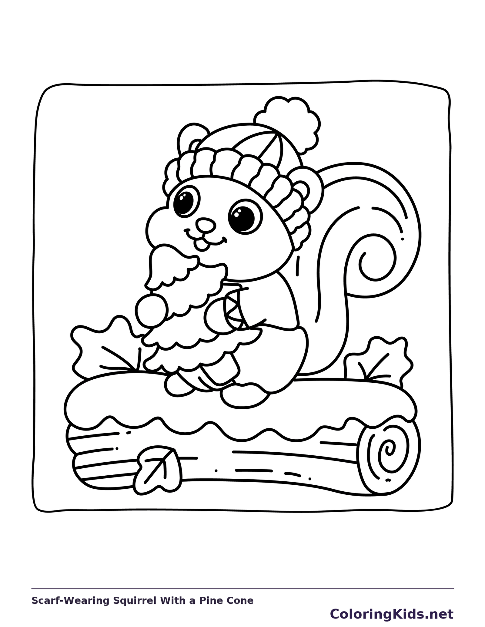 Squirrel in a winter hat and scarf holding a pine cone on a snowy log
