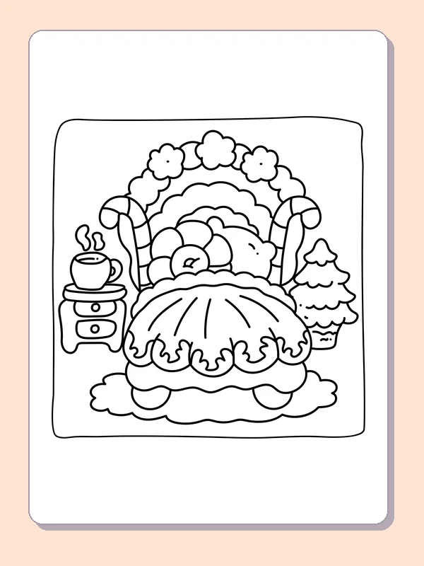 Plump bed beneath a winter garland with a bedside mug and snowy tree