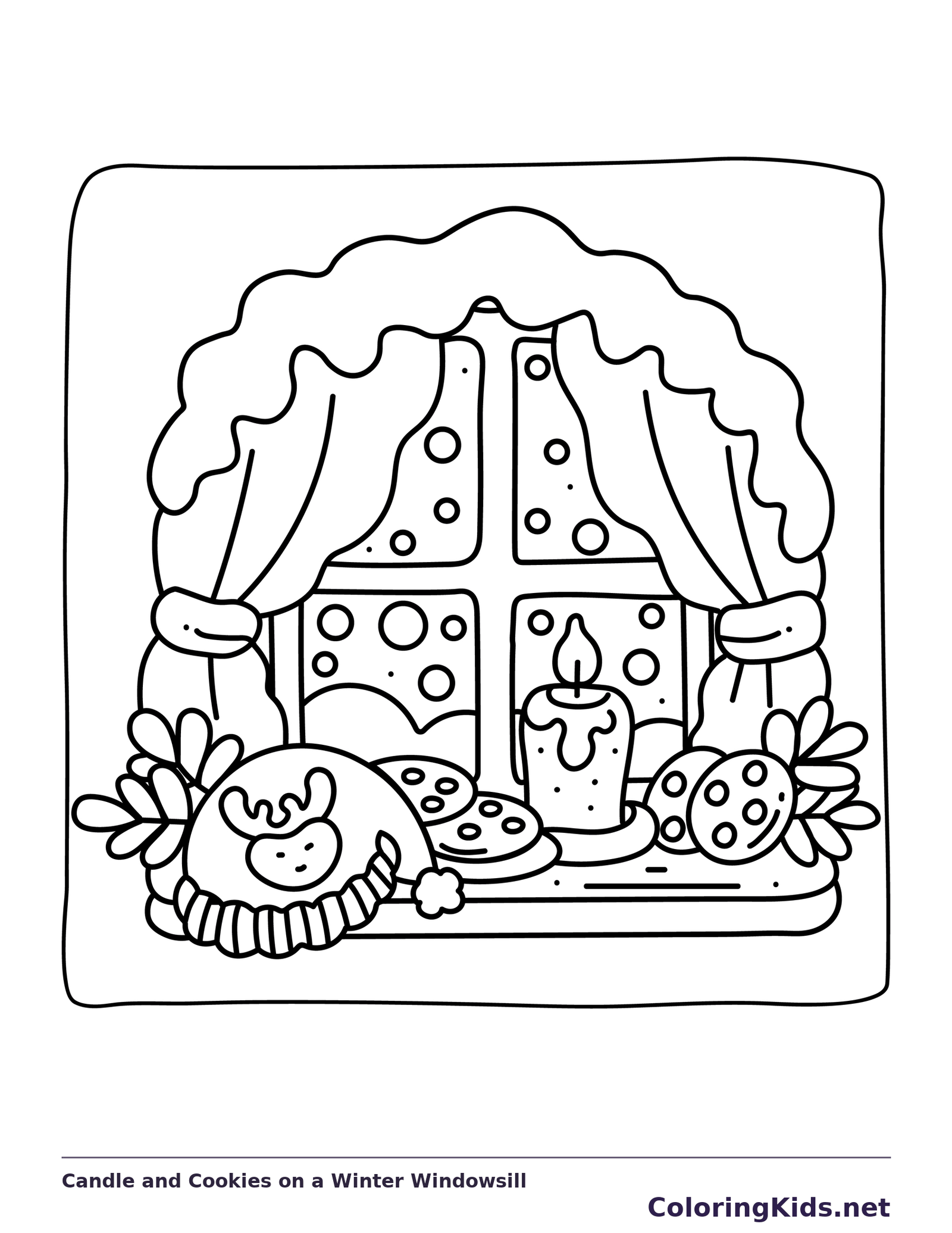 Candle and cookies on a windowsill with curtains and falling snow outside