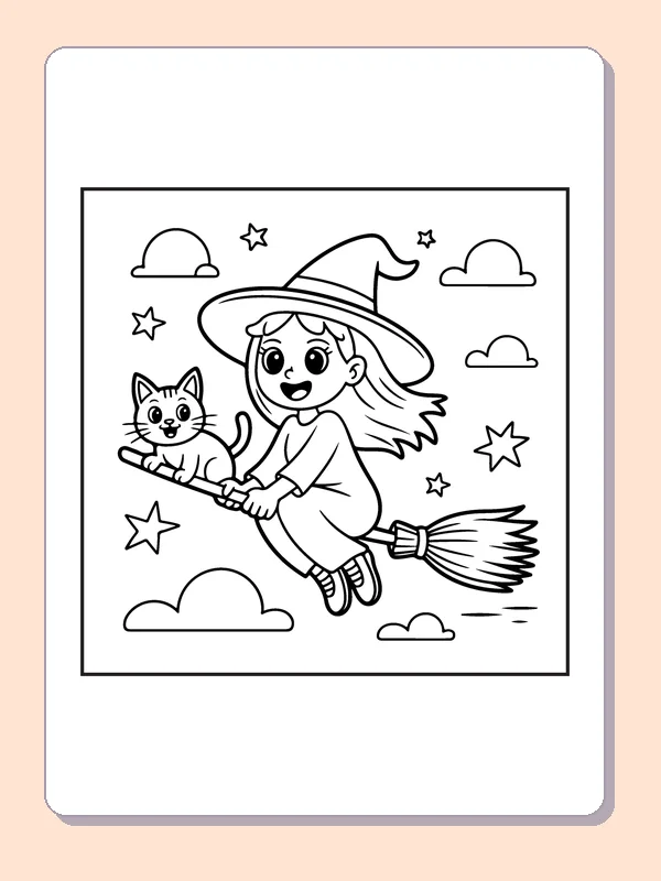 Witch and Cat Flying Together coloring page, black and white printable line art