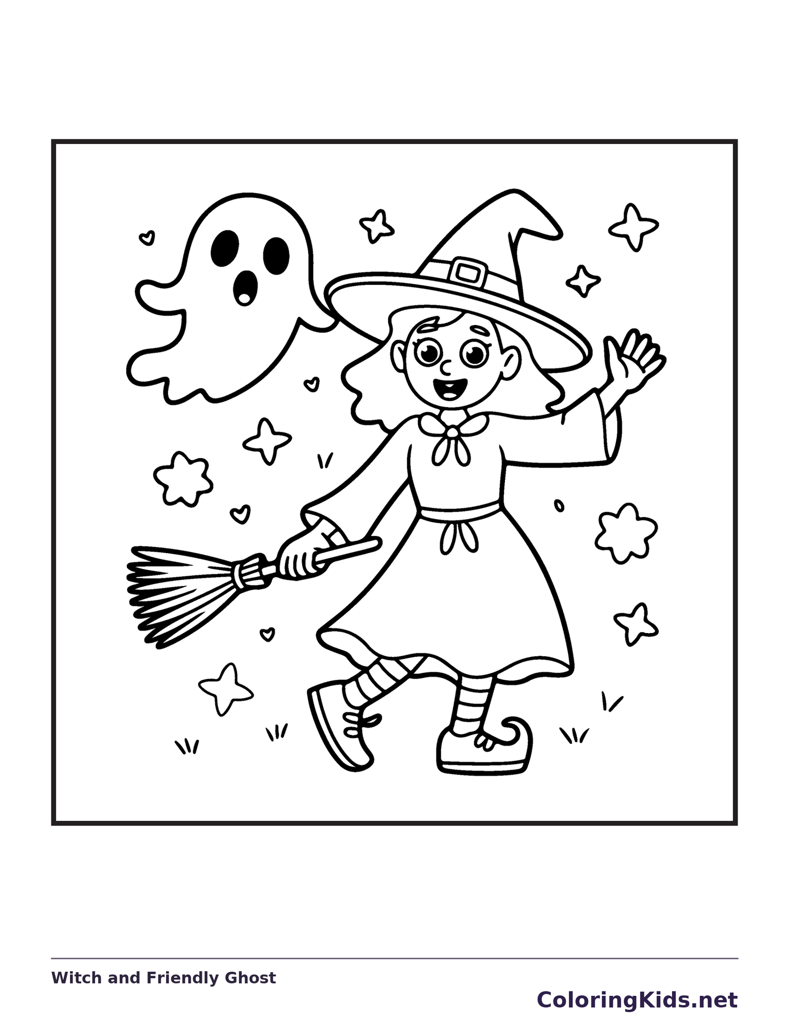 Witch and Friendly Ghost coloring page, black and white printable line art