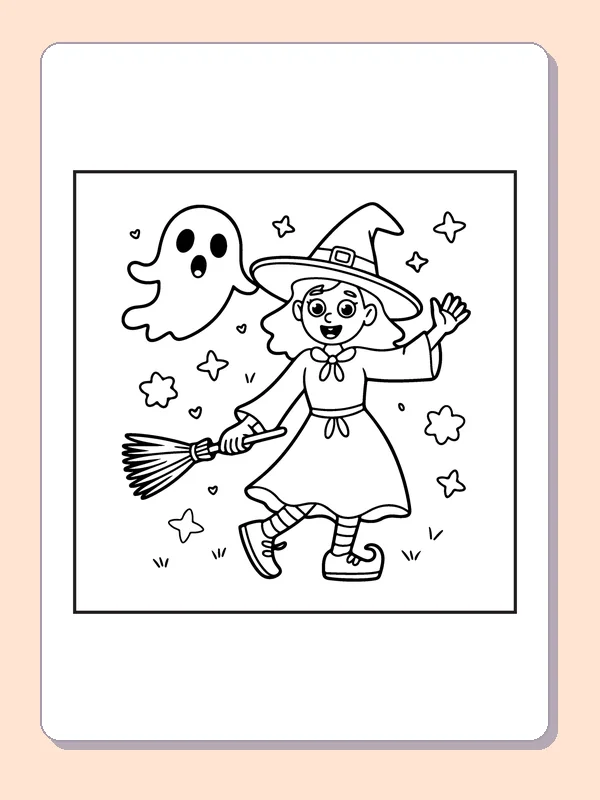 Witch and Friendly Ghost coloring page, black and white printable line art