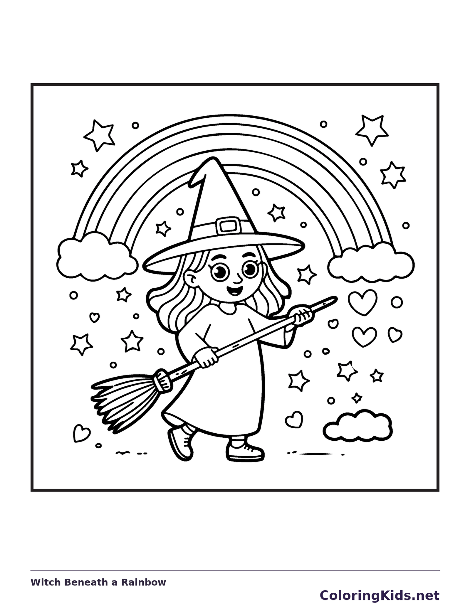 Witch Beneath a Rainbow coloring page, black and white printable line art