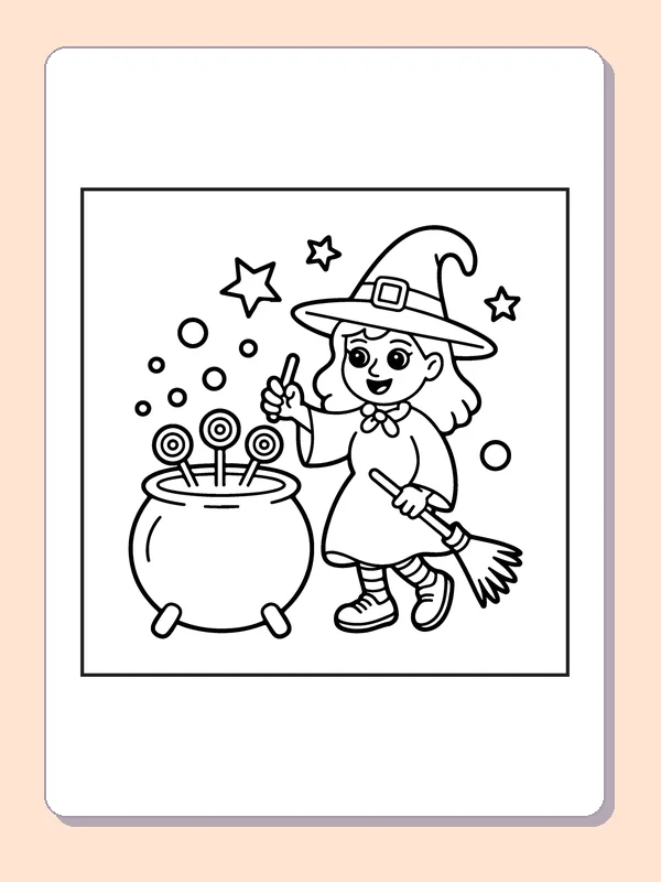 Witch by a Cauldron of Lollipops coloring page, black and white printable line art