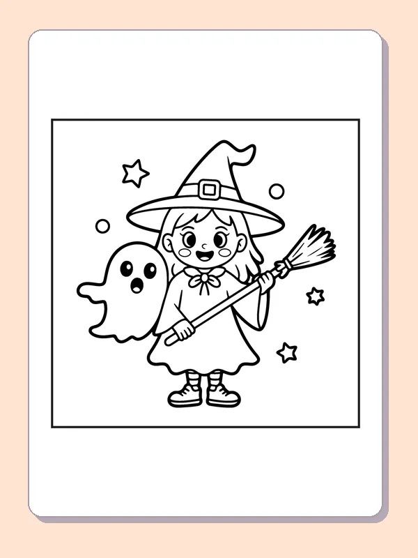 Witch Carrying a Ghost on Her Broom coloring page, black and white printable line art